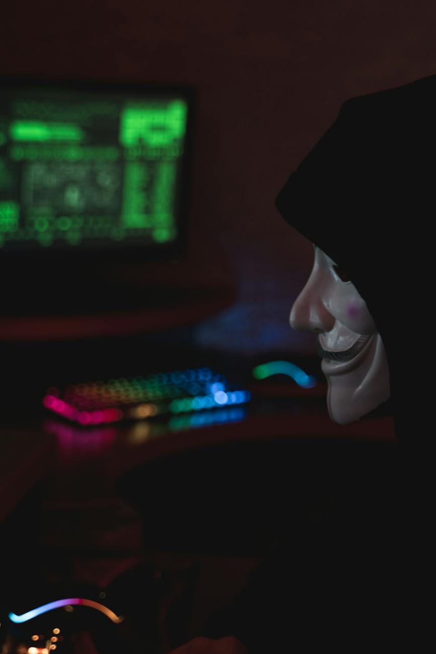 close up view of a person wearing guy fawkes mask