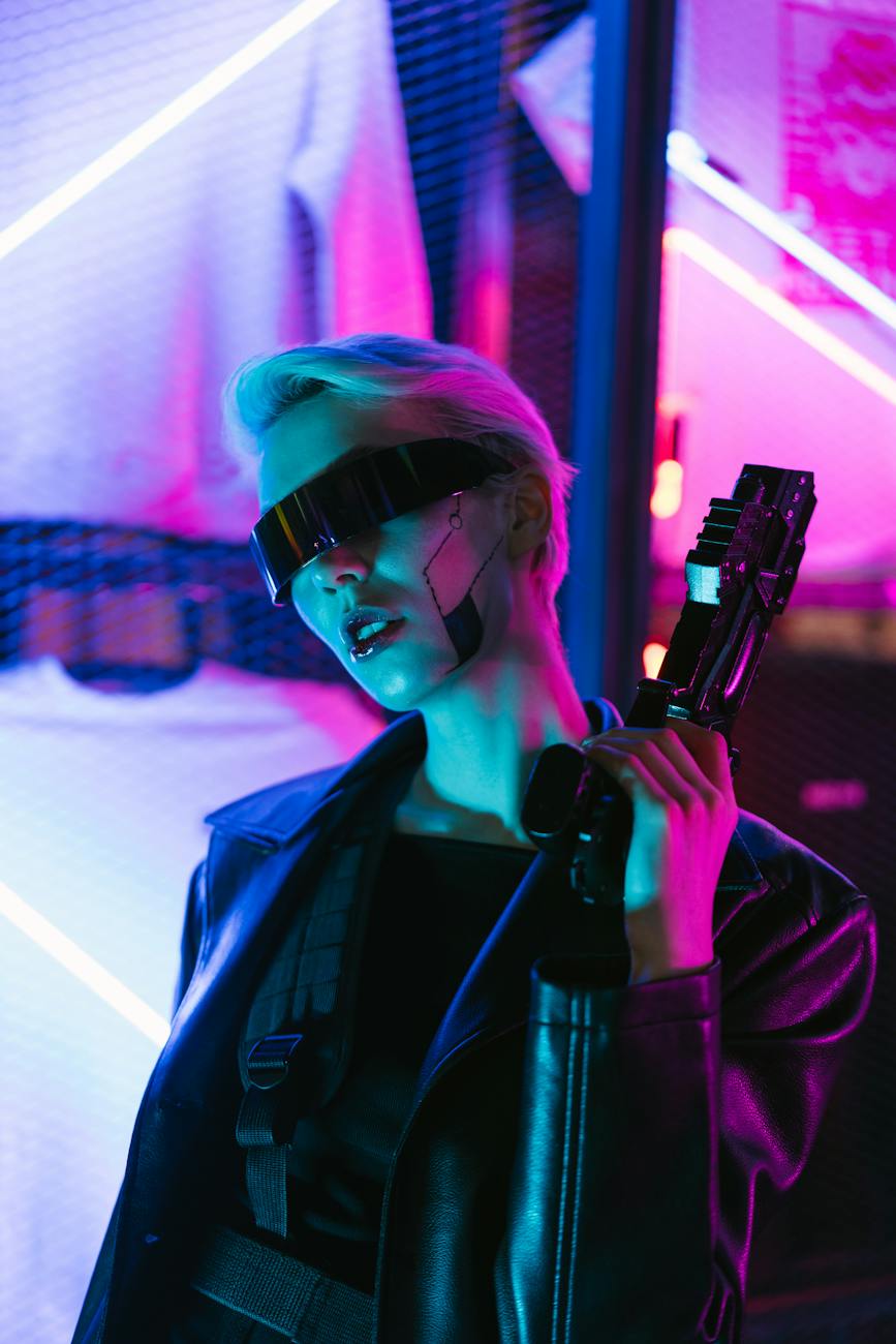 woman in black leather jacket holding a gun